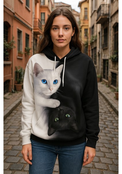 Kadın Uzun Kollu Kapşonlu Bağcıklı Kedi Desenli Şardonlu Dalgıç Bluz