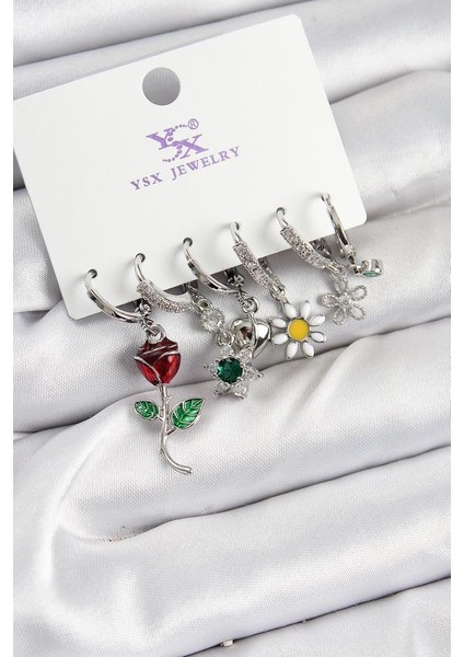 Pirinç Zirkon Taşlı Gül ve Papatya Model Gümüş Renk 3'lü Çift Kadın Küpe - TJ-BKP10956