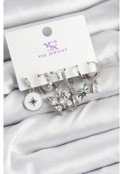 Pirinç Zirkon Taşlı Kelebek ve Yıldız Model Gümüş Renk 3'lü Çift Kadın Küpe - TJ-BKP10958