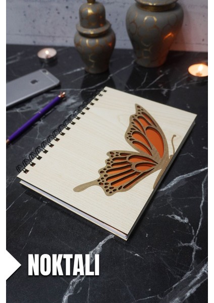 Kelebek Temalı Ahşap Kapaklı Defter - Noktalı Defter - Ajanda - Okul Defteri (A5 - 120 Sayfa)