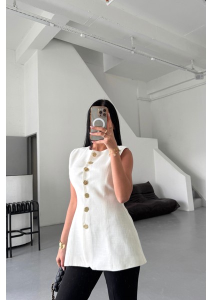 Keten Yelek Belden Oturtmalısıralı Düğme Detaylı - Beyaz modelleri