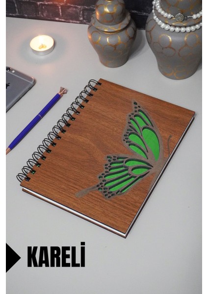 Kelebek Temalı Ahşap Kapaklı Defter - Kareli Defter - Ajanda - Okul Defteri (A5 - 120 Sayfa)