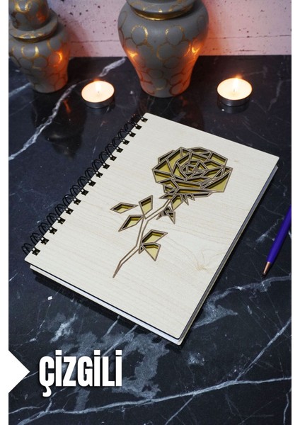 Gül Temalı Ahşap Kapaklı Defter - Çizgili Defter - Ajanda - Okul Defteri (A5 - 120 Sayfa)