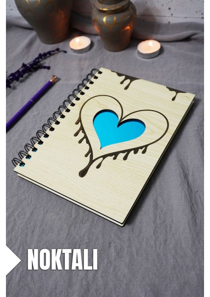 Kalp Desenli Ahşap Kapaklı Defter - Noktalı Defter - Ajanda - Okul Defteri (A5 - 120 Sayfa)