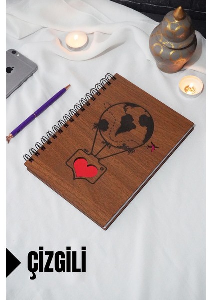 Uçan Balon Temalı Ahşap Kapaklı Defter - Çizgili Defter - Ajanda - Okul Defteri (A5 - 120 Sayfa)