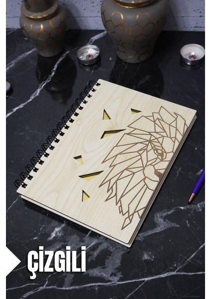 Aslan Temalı Ahşap Kapaklı Defter - Çizgili Defter - Ajanda - Okul Defteri (A5 - 120 Sayfa)