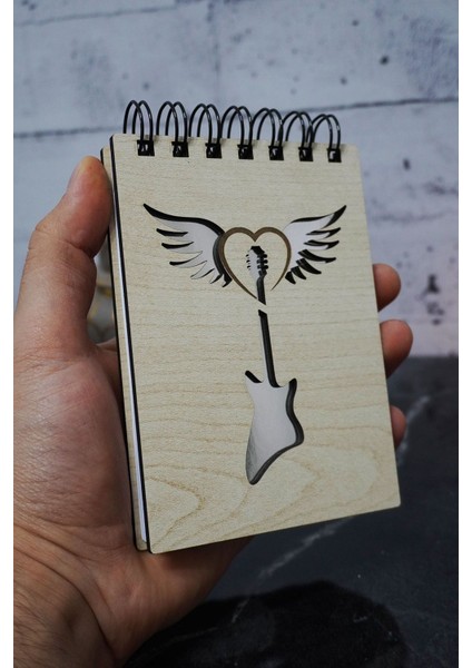 Gitar Kanat Temalı Ahşap Kapaklı Not Defteri - Mini Defter - Cep Defteri - Benim Listem