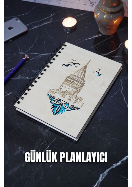 Galata Kulesi Tasarım Ahşap Kapak Günlük Planlayıcı - Tarihsiz Ajanda - A5 Süresiz Planlayıcı Defter