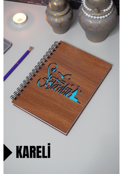 Istanbul Temalı Ahşap Kapaklı Defter - Kareli Defter - Ajanda - Okul Defteri (A5 - 120 Sayfa)