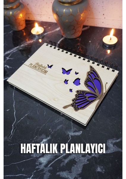 Kelebek Figürlü Ahşap Süresiz Plan Defteri - Tarihsiz Ajanda - Haftalık Planlayıcı - A5