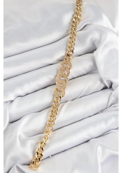 Pirinç Zirkon Taşlı Ezme Küba Zincir Model Gold Renk Kadın Bileklik - TJ-BB7549
