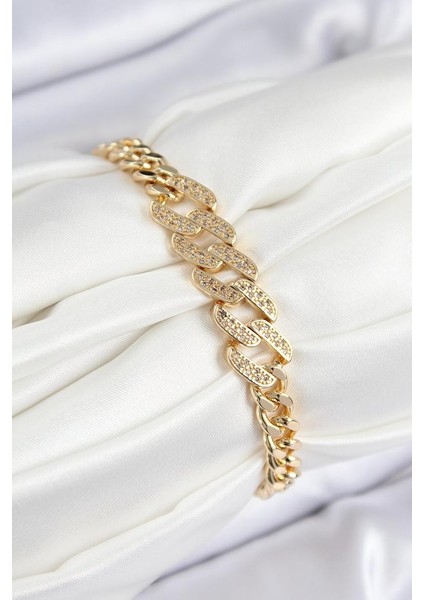 Pirinç Zirkon Taşlı Ezme Küba Zincir Model Gold Renk Kadın Bileklik - TJ-BB7549 fiyatları