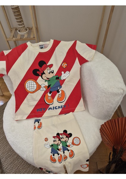 %100 Pamuklu Minnie Mouse Desenli Kız Çocuk Takım - Kısa Kollu Tişört ve Şort