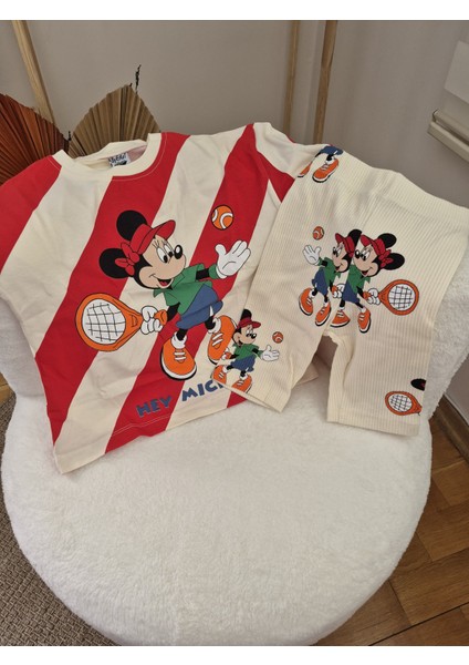 %100 Pamuklu Minnie Mouse Desenli Kız Çocuk Takım - Kısa Kollu Tişört ve Şort fiyatları