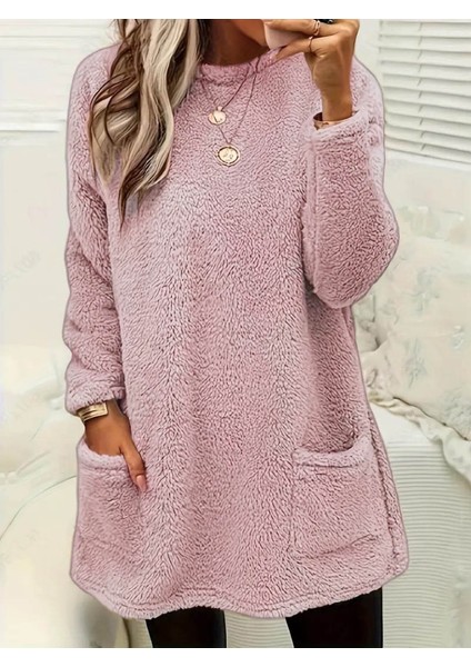 Kadın Uzun Kollu Yuvarlak Yakalı Cepli Peluş Bluz modelleri