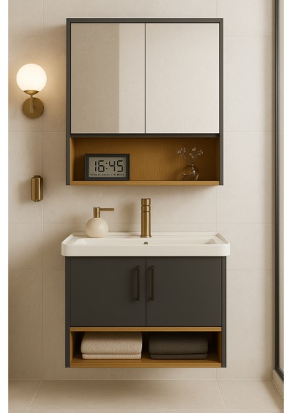 Legna 80 cm Antrasit & Ahşap Banyo Dolabı Takımı Alt ve Üst Dolaplı (Lavabo Dahil) fiyatları