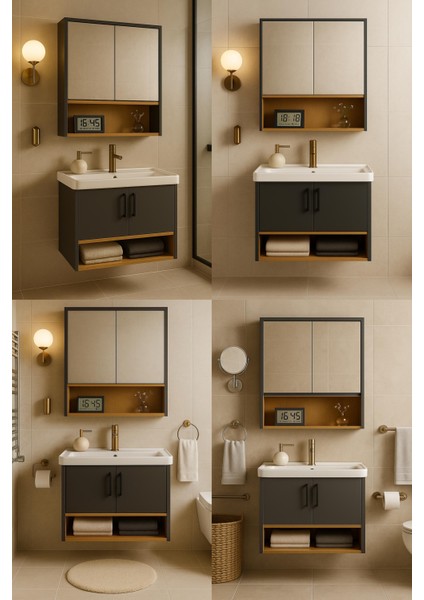 Legna 80 cm Antrasit & Ahşap Banyo Dolabı Takımı Alt ve Üst Dolaplı (Lavabo Dahil) indirimleri