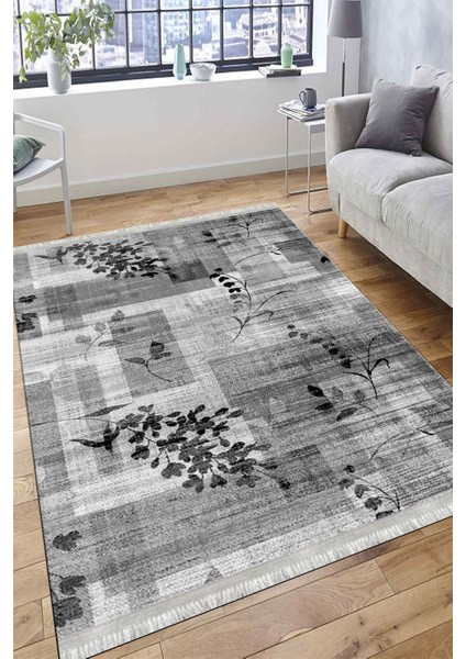 Gri Çiçekli Halı Yıkanabilir Kilim Kaymaz Tabanlı Yolluk Dot Tabanlı Halı 2122C