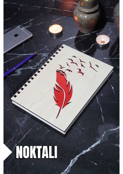 Kuş Tüy Temalı Ahşap Kapaklı Defter - Noktalı Defter - Ajanda - Okul Defteri (A5 - 120 Sayfa)