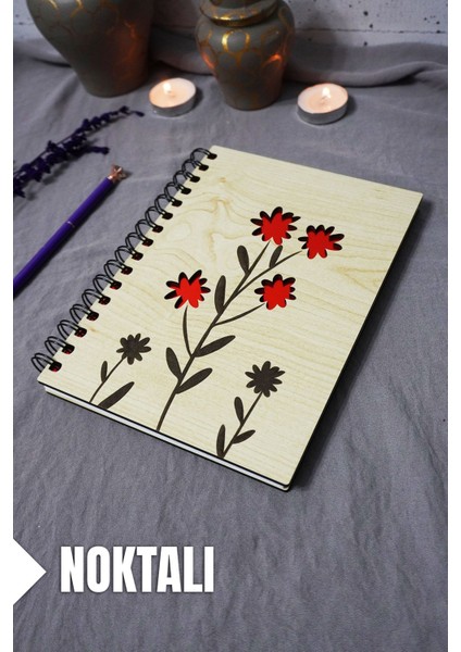 Çiçek Desenli Ahşap Kapaklı Defter - Noktalı Defter - Ajanda - Okul Defteri (A5 - 120 Sayfa)