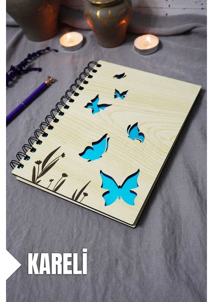 Kelebek Desenli Ahşap Kapaklı Defter - Kareli Defter - Ajanda - Okul Defteri (A5 - 120 Sayfa)