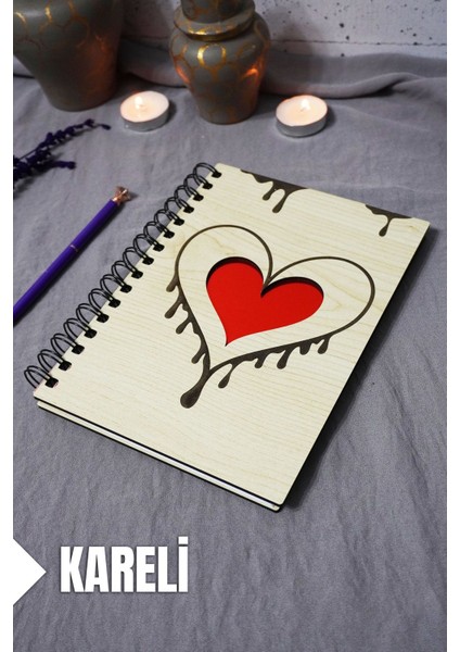 Kalp Desenli Ahşap Kapaklı Defter - Kareli Defter - Ajanda - Okul Defteri (A5 - 120 Sayfa)