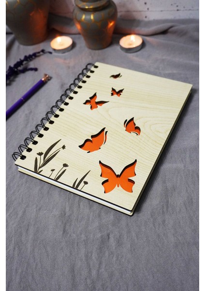 Kelebek Desenli Ahşap Kapaklı Defter - Çizgisiz Defter - Günlük - Ajanda-Hediyelik-A5 Anı Defteri