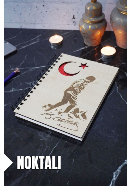Kemal Atatürk Temalı Ahşap Kapaklı Defter - Noktalı Defter - Ajanda - Okul Defteri (A5 - 120 Sayfa)