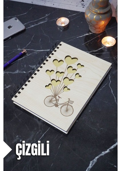 Bisiklet Balon Temalı Ahşap Kapaklı Defter - Çizgili Defter - Ajanda - Okul Defteri (A5 - 120 Sayfa)