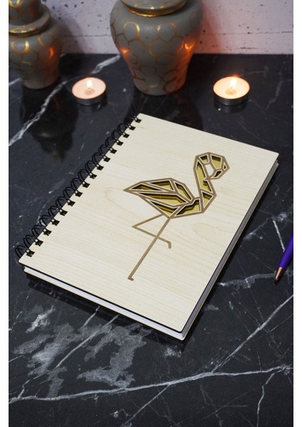 Flamingo Figürlü Ahşap Kapaklı Defter - Çizgisiz Defter - Günlük - Ajanda- A5 Anı Defteri