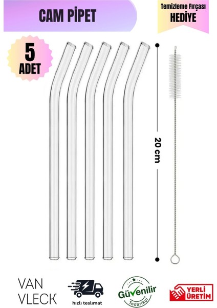 5'li Cam Pipet - Dayanıklı ve Sağlıklı Pipet, Yıkanabilir (Temizleme Fırçası Hediyeli)