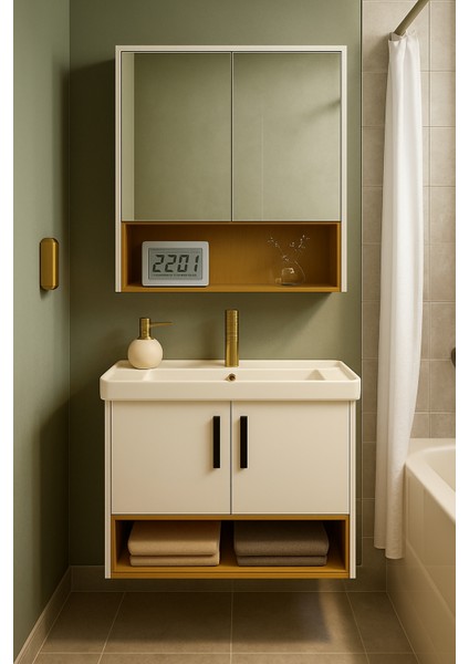 Legna 80 cm Beyaz & Ahşap Banyo Dolabı Takımı (Lavabo Dahil)