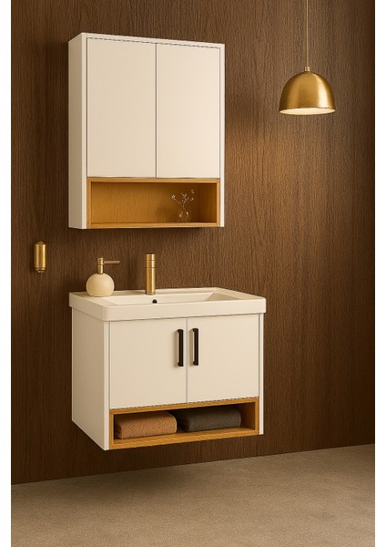 Legna 80 cm Beyaz & Ahşap Banyo Dolabı Takımı (Lavabo Dahil)