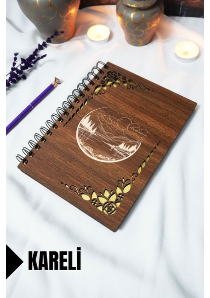 Manzara Ahşap Kapaklı Spiralli Okul Defteri - Kareli Defter - 60 Yaprak (120 Sayfa) - A5 15X21 cm