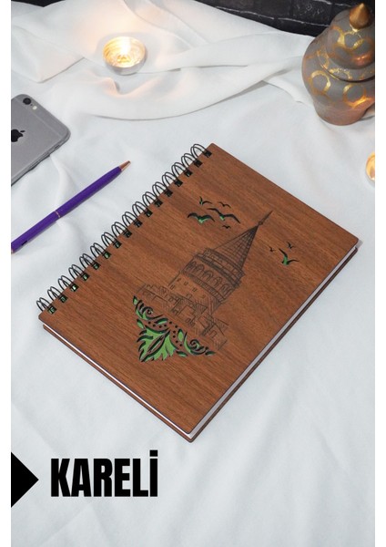 Galata Kulesi Temalı Ahşap Kapaklı Defter - Kareli Defter - Ajanda - Okul Defteri (A5 - 120 Sayfa)