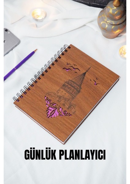 Galata Kulesi Tasarım Ahşap Kapaklı - Ajanda - Günlük Planlayıcı (Ceviz) Tarihsiz Planlama Defteri