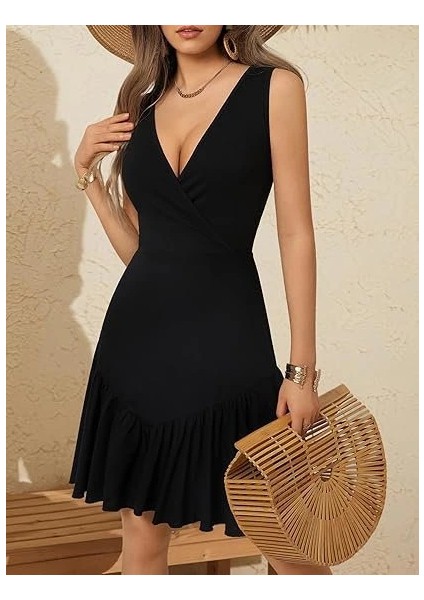 Kadın Askılı Kruvaze Yakalı Fırfırlı Janjan Krep Elbise