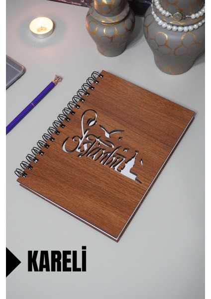 Istanbul Temalı Ahşap Kapaklı Defter - Kareli Defter - Ajanda - Okul Defteri (A5 - 120 Sayfa)