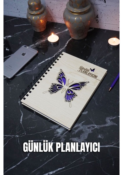 Kelebek Tasarım Ahşap Plan Defteri - Süresiz Ajanda - Günlük Planlayıcı - A5 Planlama Defteri