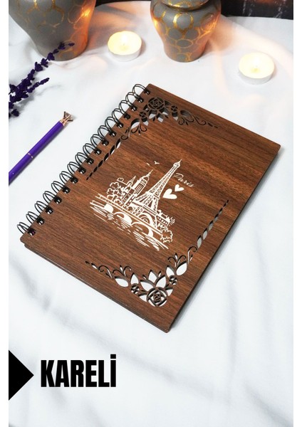 Eyfel Kulesi - Paris Ahşap Kapaklı Defter - Kareli Defter - 60 Yaprak (120 Sayfa) - A5 15X21 cm