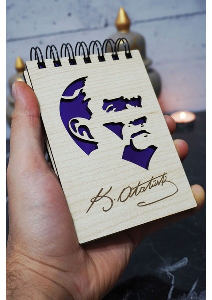 Kemal Atatürk Temalı Ahşap Kapaklı Not Defteri - Mini Defter - Cep Defteri - Benim Listem