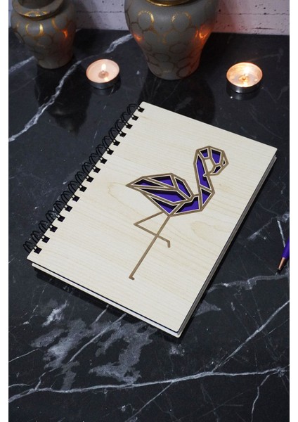 Flamingo Figürlü Ahşap Kapaklı Defter - Çizgisiz Defter - Günlük - Ajanda- A5 Anı Defteri