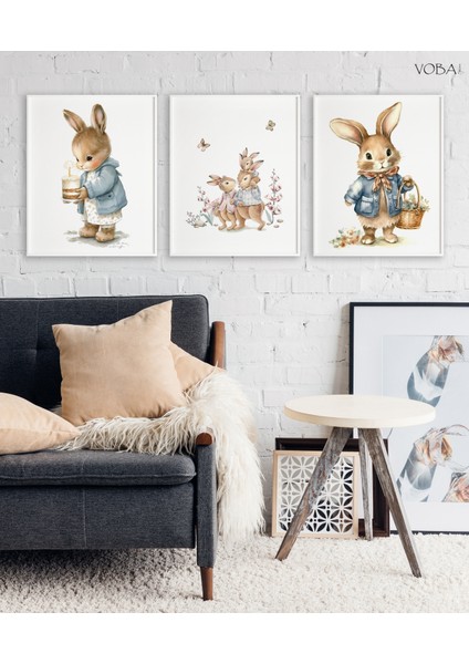 Çocuk Odası Için 3 Parça Tavşan Desenli Mdf Tablo Seti
