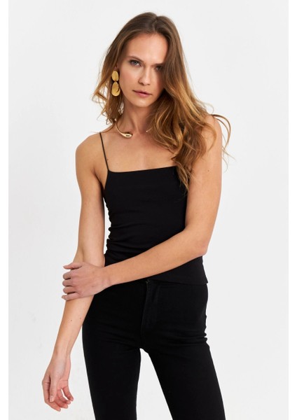 Kadın Siyah İp Askılı Crop Bluz EV63 modelleri