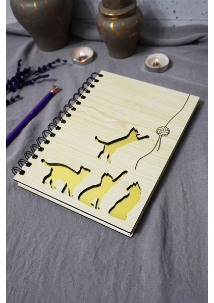 Kedi Desenli Ahşap Kapaklı Defter - Çizgisiz Defter - Günlük - Ajanda-Hediyelik-A5 Anı Defteri