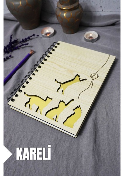 Kedi Desenli Ahşap Kapaklı Defter - Kareli Defter - Ajanda - Okul Defteri (A5 - 120 Sayfa)