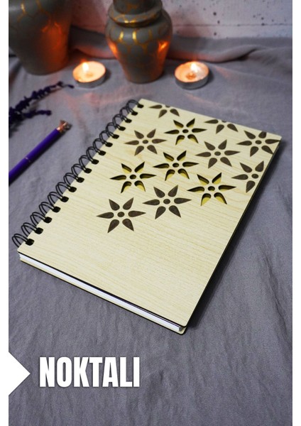 Çiçek Desenli Ahşap Kapaklı Defter - Noktalı Defter - Ajanda - Okul Defteri (A5 - 120 Sayfa)