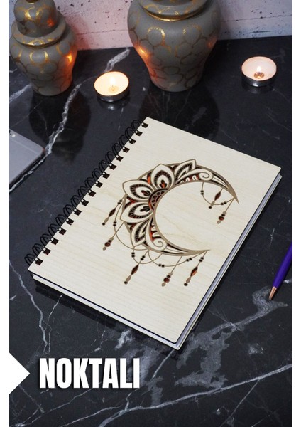 Ay Mandala Temalı Ahşap Kapaklı Defter - Noktalı Defter - Ajanda - Okul Defteri (A5 - 120 Sayfa)
