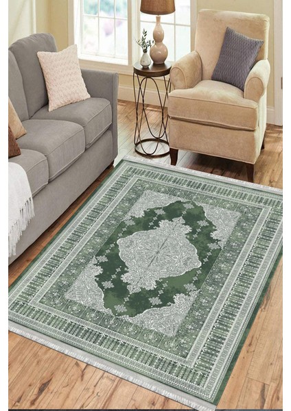 Yeşil Kaymaz Tabanlı Halı Makinede Yıkanabilir Kilim Dot Tabanlı Salon Halısı 3001D