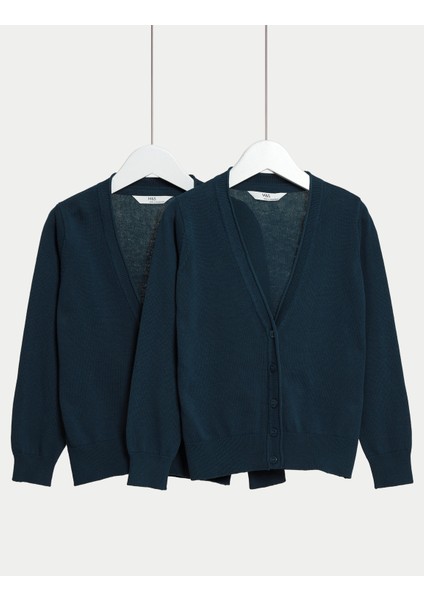 Saf Pamuklu 2'li V Yaka Okul Hırkası (3-18 Yaş)